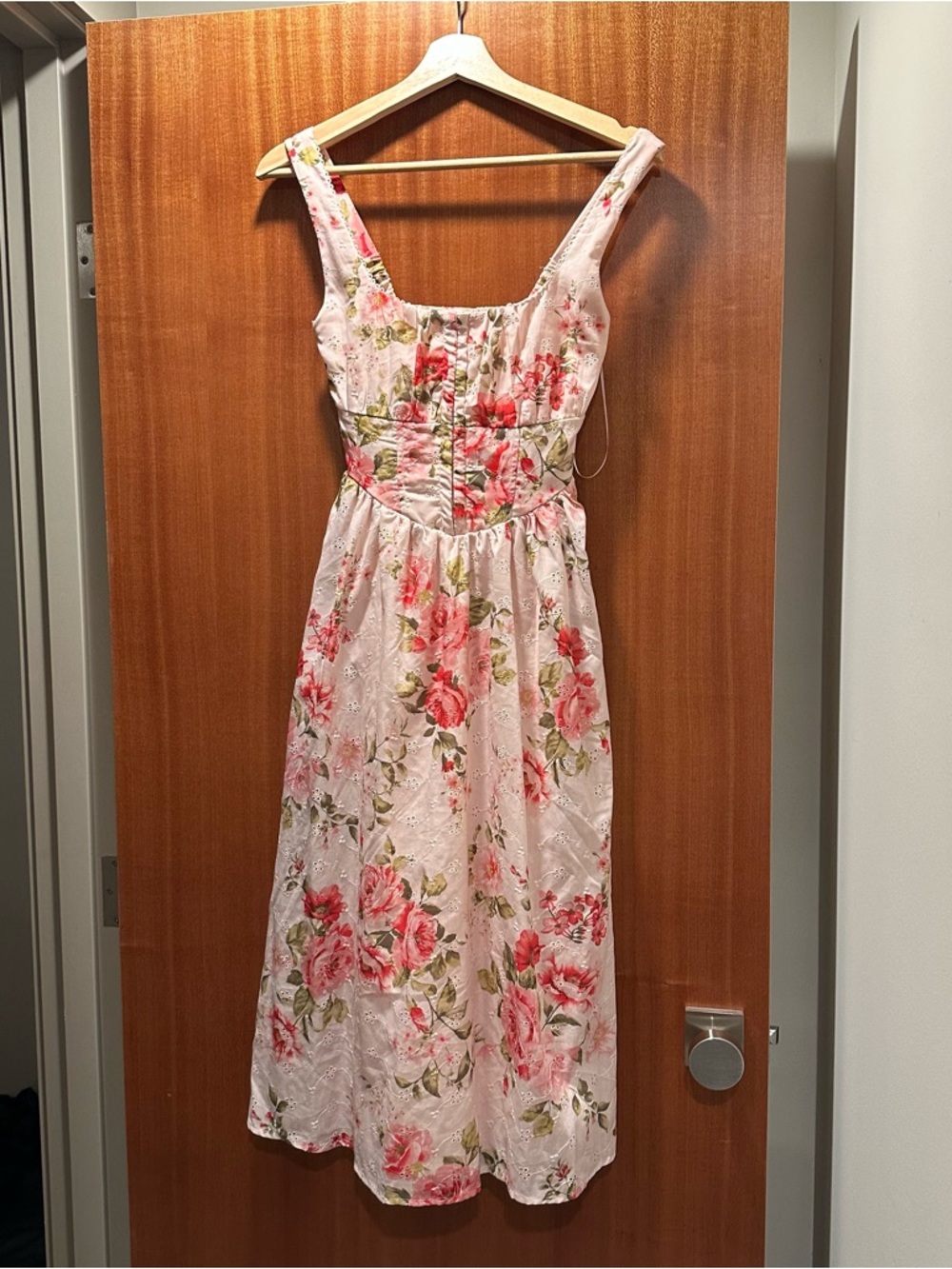Jessica Simpson Pink Floral Pocketed Midi Dress with Corset Bodice